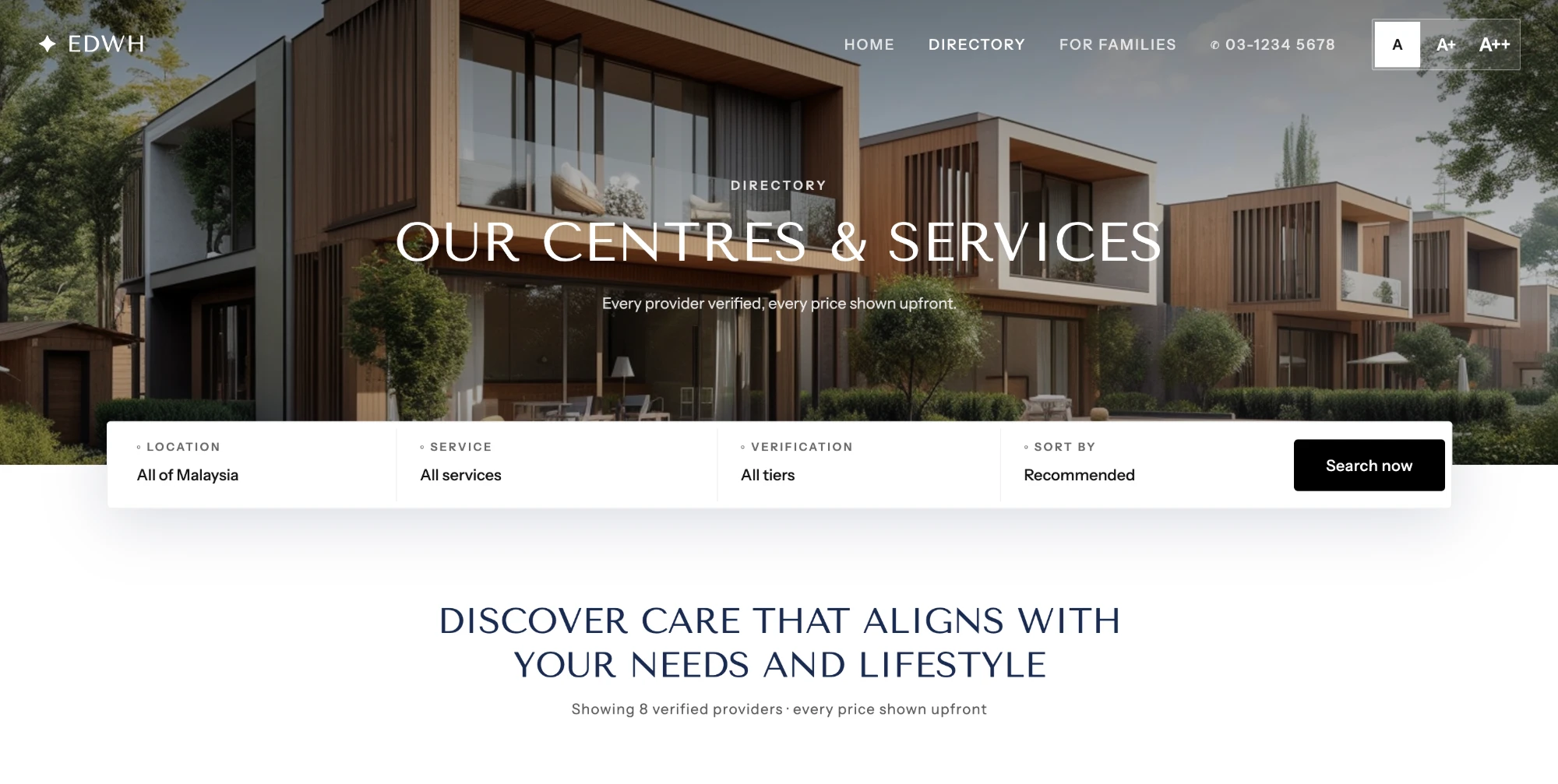 The Elder Harmony care directory: verified centres and services, with every price shown upfront.